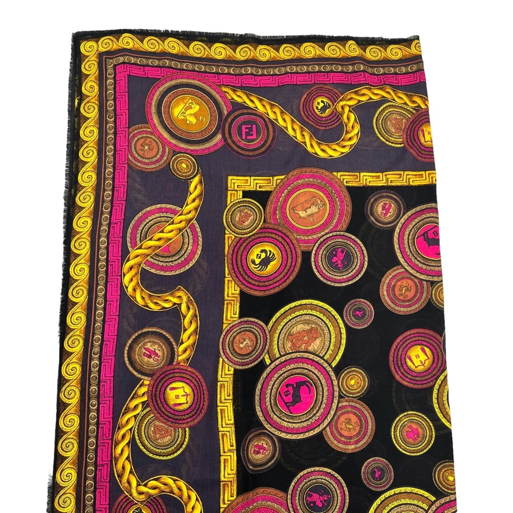 FENDI WOOL & SILK ZODIAC SIGNS IN BLUE, BLACK, PINK & GOLD FOULARD SCARF - Picture 9 of 14